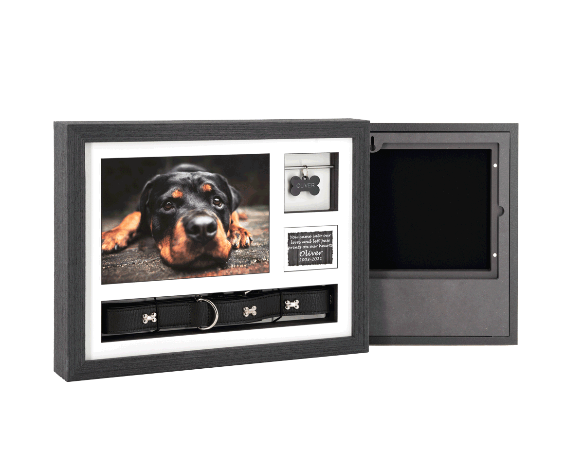 14″ X 11″ Frame Urn BLACK With Collar & Tag Keepsake Spaces