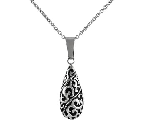 Scrolled Teardrop Ash Pendant (Stainless Steel)