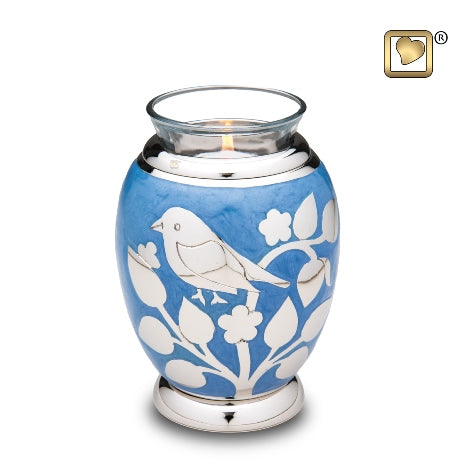 Tealight Urn – Silver/Blue Blessing Birds