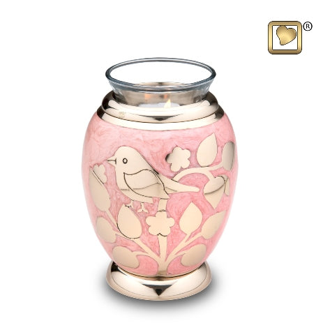 Tealight Urn – Gold Blessing Birds (Pink)